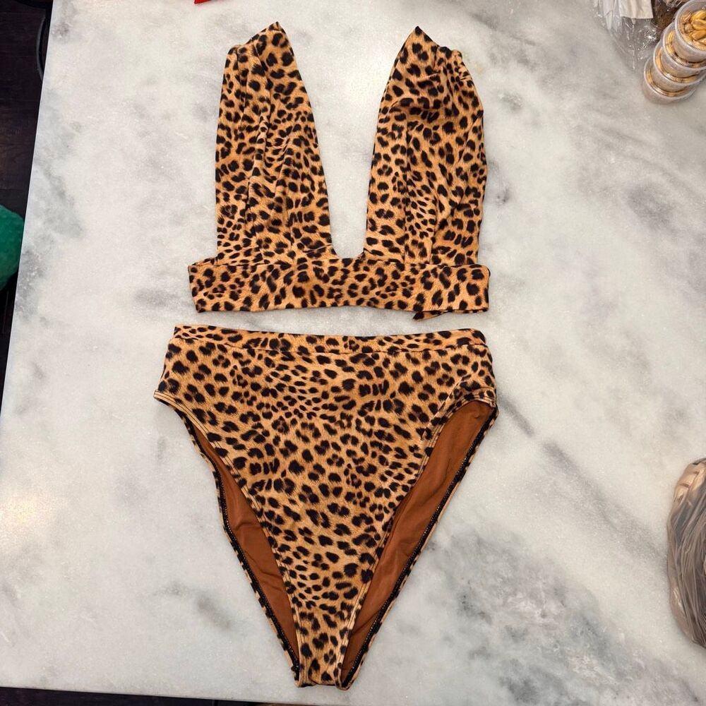 Monday Swimwear Cheetah Print Aruba Top And Bottom Bikini Set Brown Size V/XL